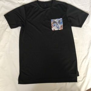 Black Jersey Mesh Longline Tee w/ Floral Pocket